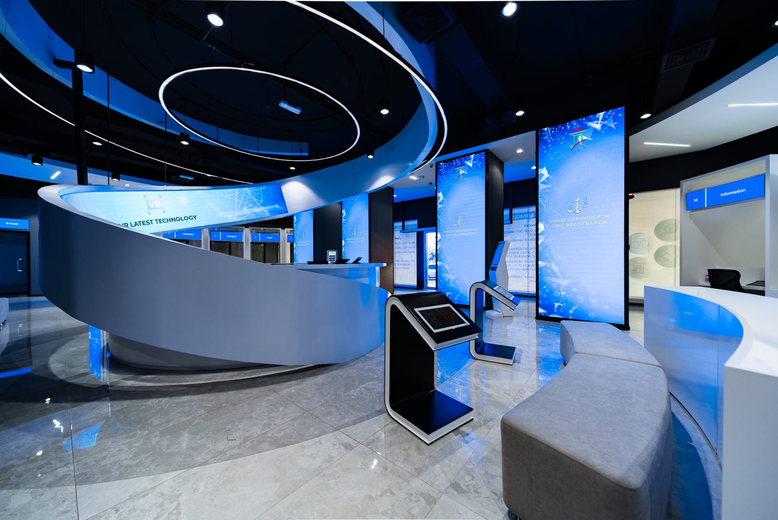 Conference room with 8-person meeting table and video presentation display screen