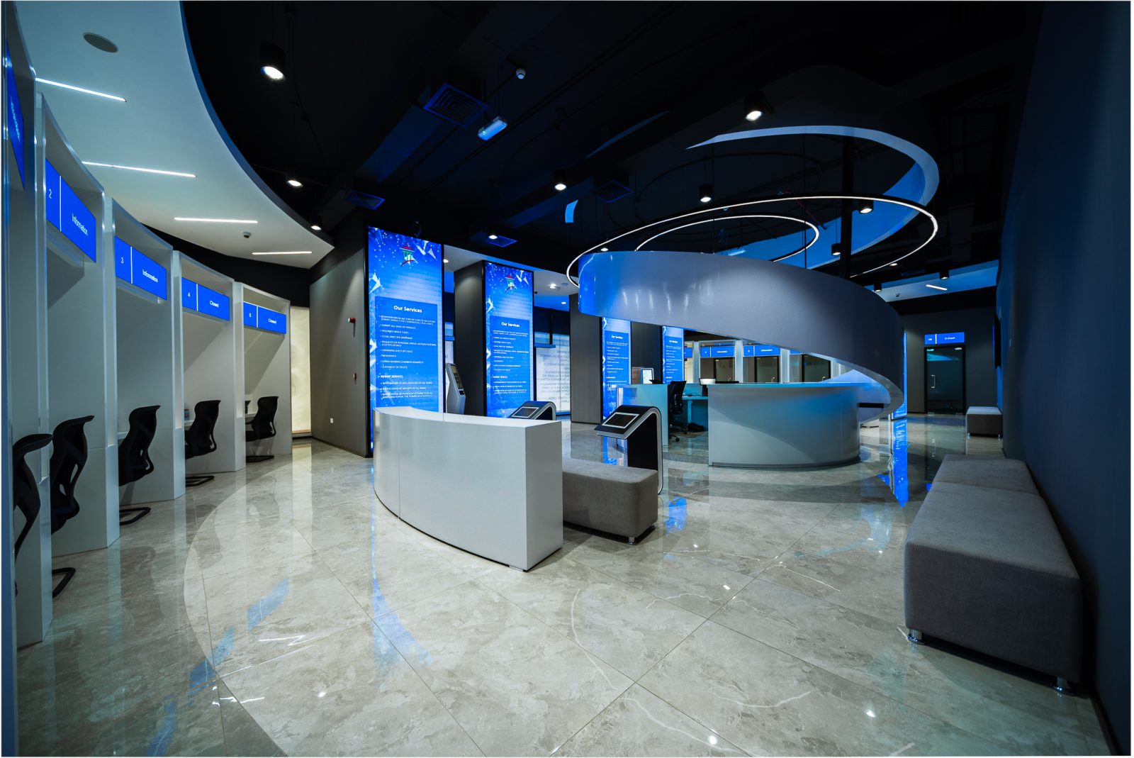 Seamless high-traffic polished porcelain flooring with anti-slip slip rating