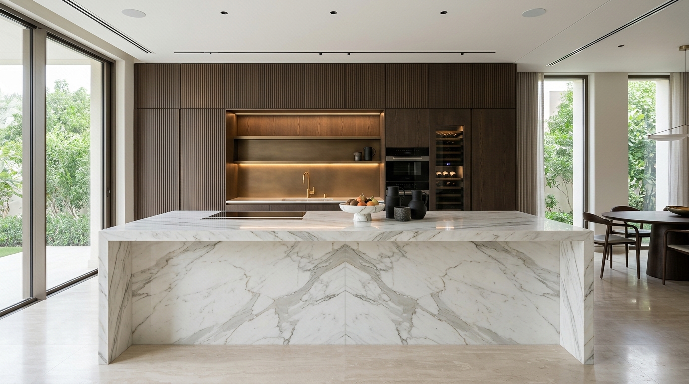Al Barari luxury villa renovation bespoke architectural kitchen featuring monumental Calacatta Borghini bookmatched marble island, fluted acoustic smoked oak cabinetry, and concealed European joinery in Dubai