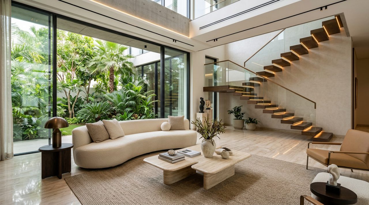 Al Barari luxury villa renovation architectural living pavilion with floor-to-ceiling minimalist glazing, bookmatched travertine marble, biophilic botanical gardens, and cantilevered staircase in Dubai