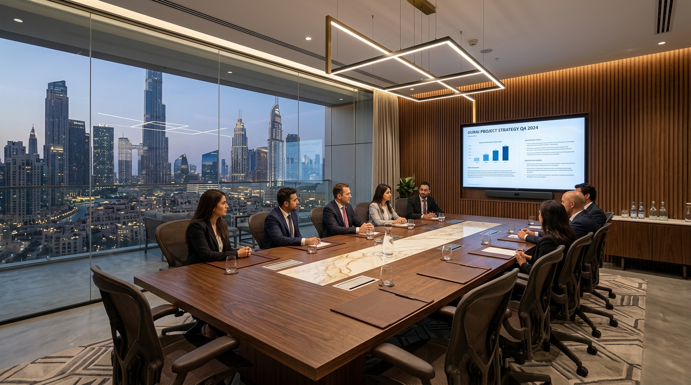 Custom dark walnut and marble conference table with integrated AV in a luxury Dubai corporate boardroom