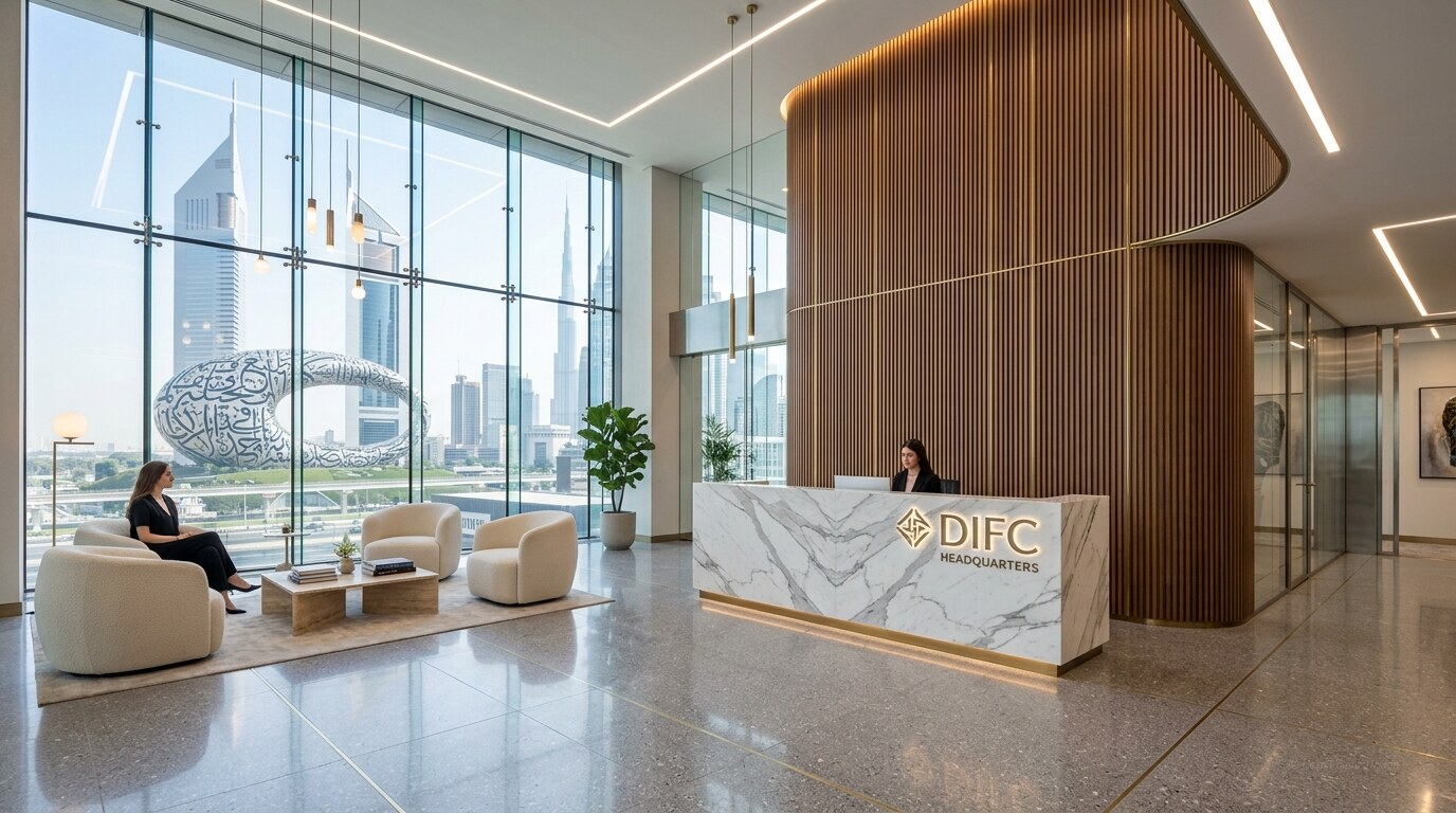 DIFC corporate headquarters reception lounge fit out Dubai with Museum of the Future view