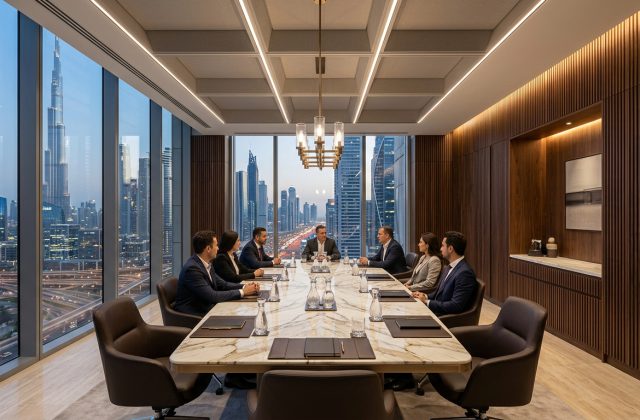 DIFC luxury executive boardroom fit out Dubai overlooking Burj Khalifa