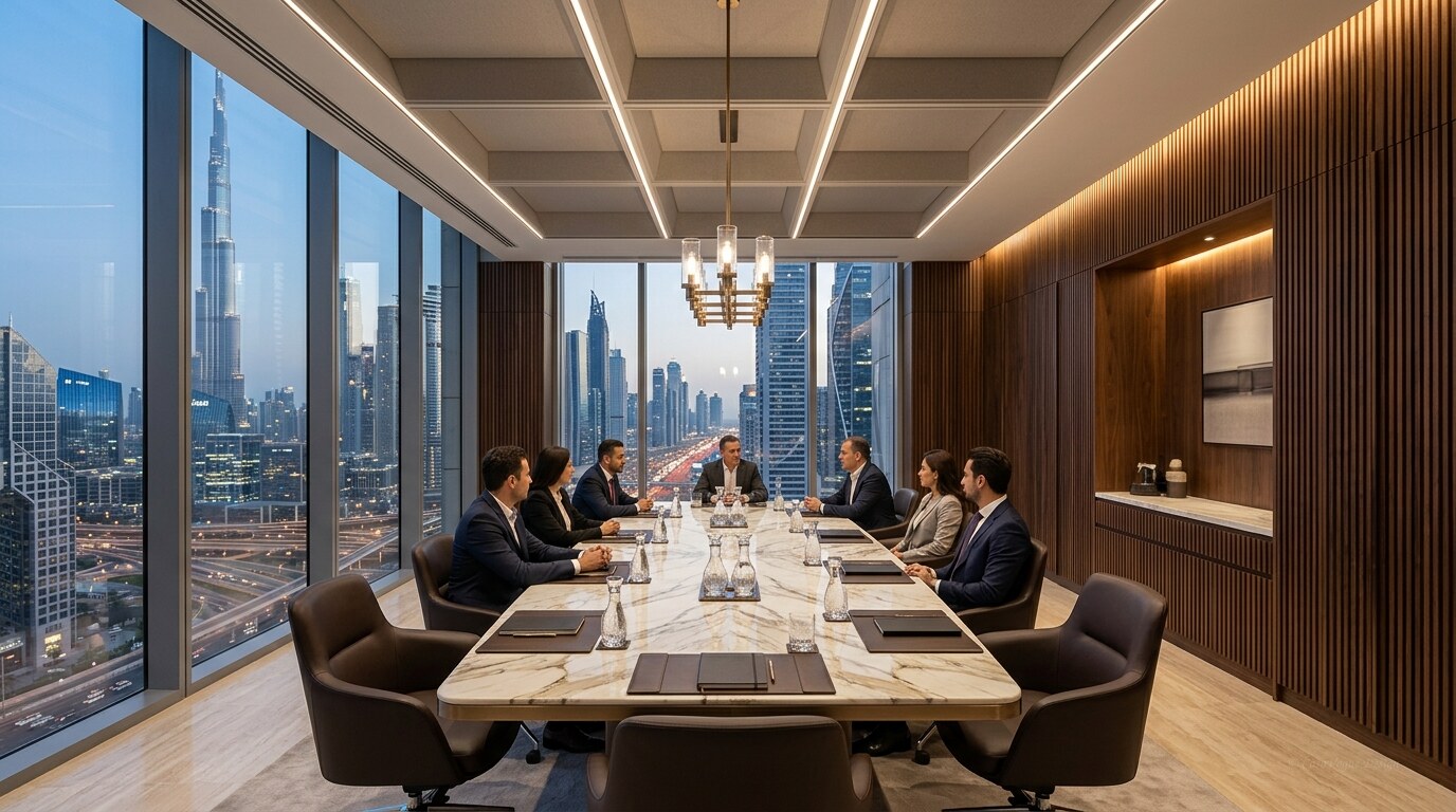 DIFC luxury executive boardroom fit out Dubai overlooking Burj Khalifa
