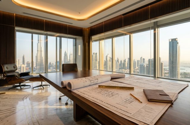 Dubai Municipality fit out permit steps and luxury interior fit out boardroom overlooking Downtown Dubai skyline