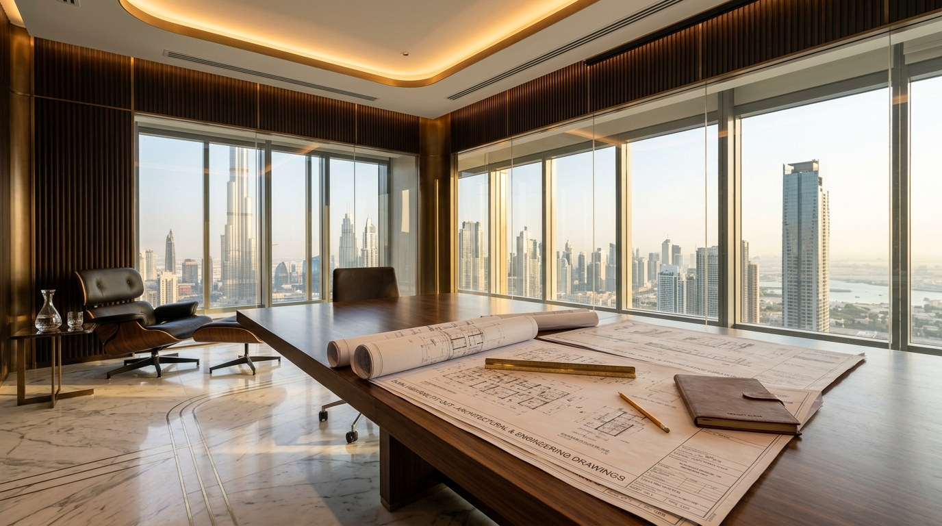 Dubai Municipality fit out permit steps and luxury interior fit out boardroom overlooking Downtown Dubai skyline