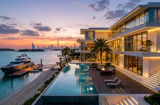Jumeirah Bay Island villa architecture ultra-luxury modern beachfront mansion with cantilevered travertine terraces, minimalist glass sliding facade, private infinity pool, and yacht mooring in Dubai