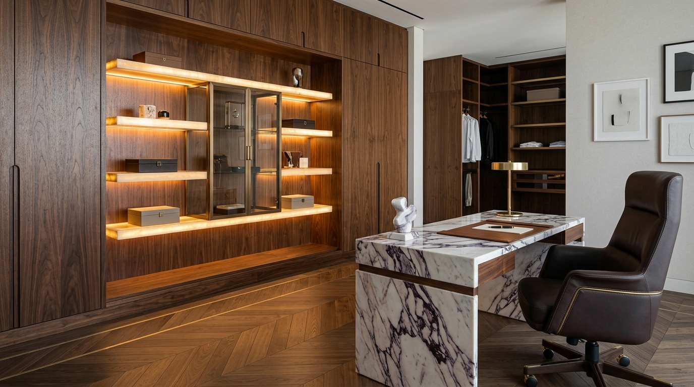 Luxury interior design Dubai bespoke architectural joinery, dark Italian walnut boiserie, backlit onyx shelving, and Calacatta Viola marble desk