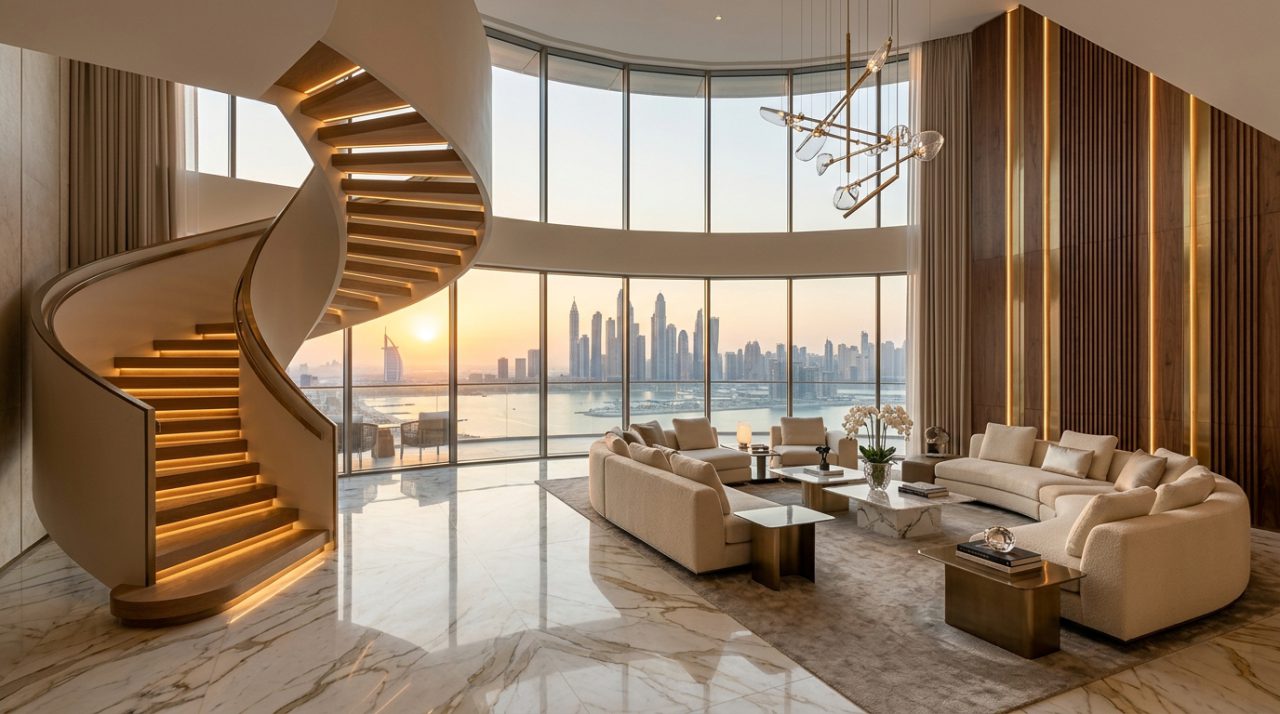 Luxury interior design Dubai grand living hall with bookmatched Calacatta marble, floating sculptural staircase, and panoramic skyline views