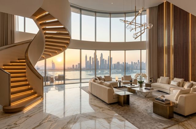 Luxury interior design Dubai grand living hall with bookmatched Calacatta marble, floating sculptural staircase, and panoramic skyline views