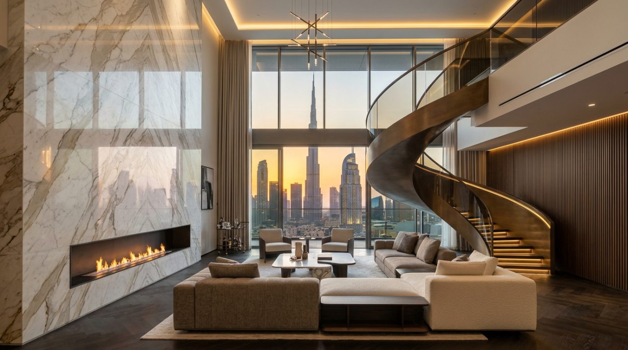 Penthouse interior design Dubai ultra-luxury double-height living salon with 7-meter panoramic glass facade overlooking Burj Khalifa skyline, bookmatched Calacatta Oro marble fireplace, and sculptural bronze staircase