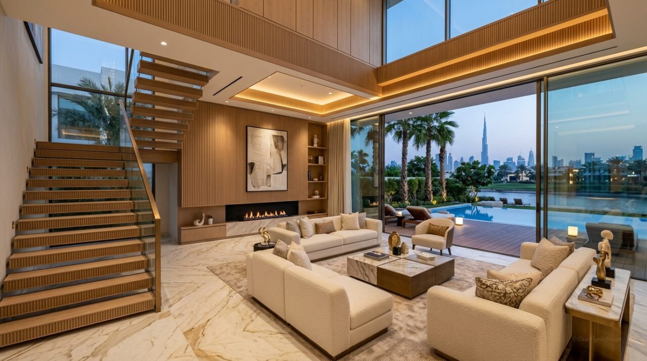 Luxury villa renovation interior in Dubai Hills Estate with Calacatta marble and private pool
