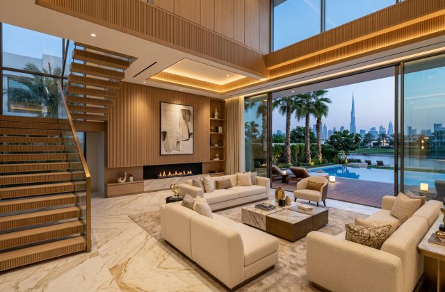Luxury villa renovation interior in Dubai Hills Estate with Calacatta marble and private pool