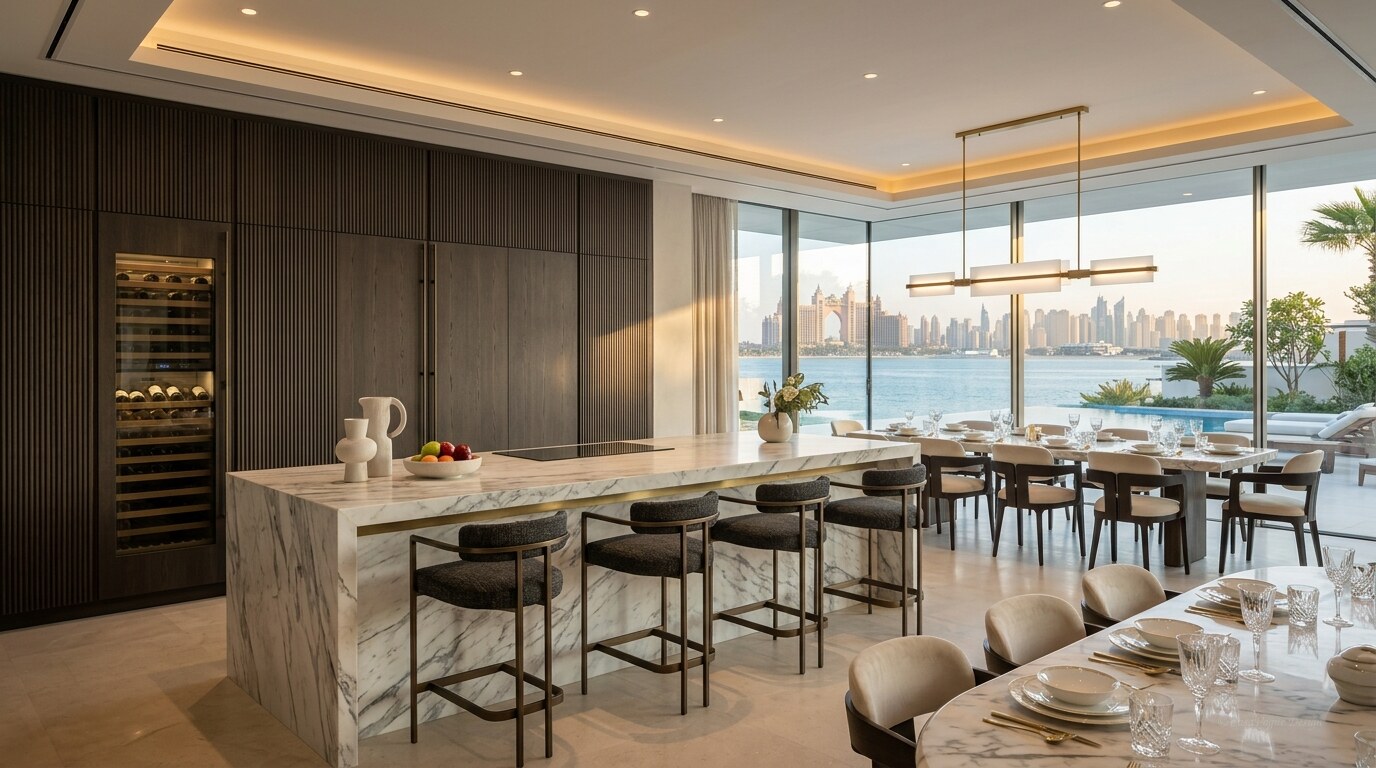 Luxury villa show kitchen and dining room renovation in Palm Jumeirah with Arabescato marble waterfall island